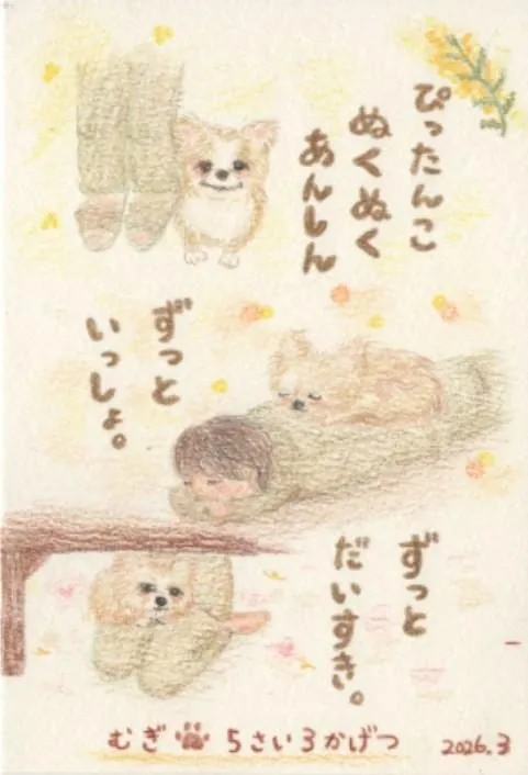 「ぴったんこ ぬくぬく あんしん」の文字と、犬と眠る子どものイラスト