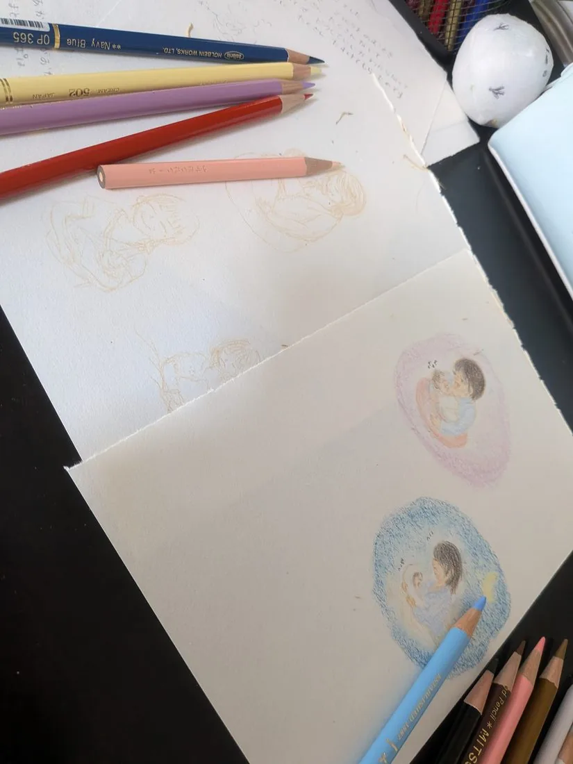色鉛筆と、描きかけの絵